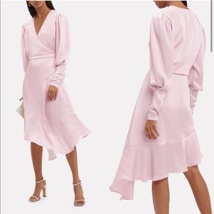 Joie Pink Satin Wrap Dress Pearl Button Midi Long Sleeve S